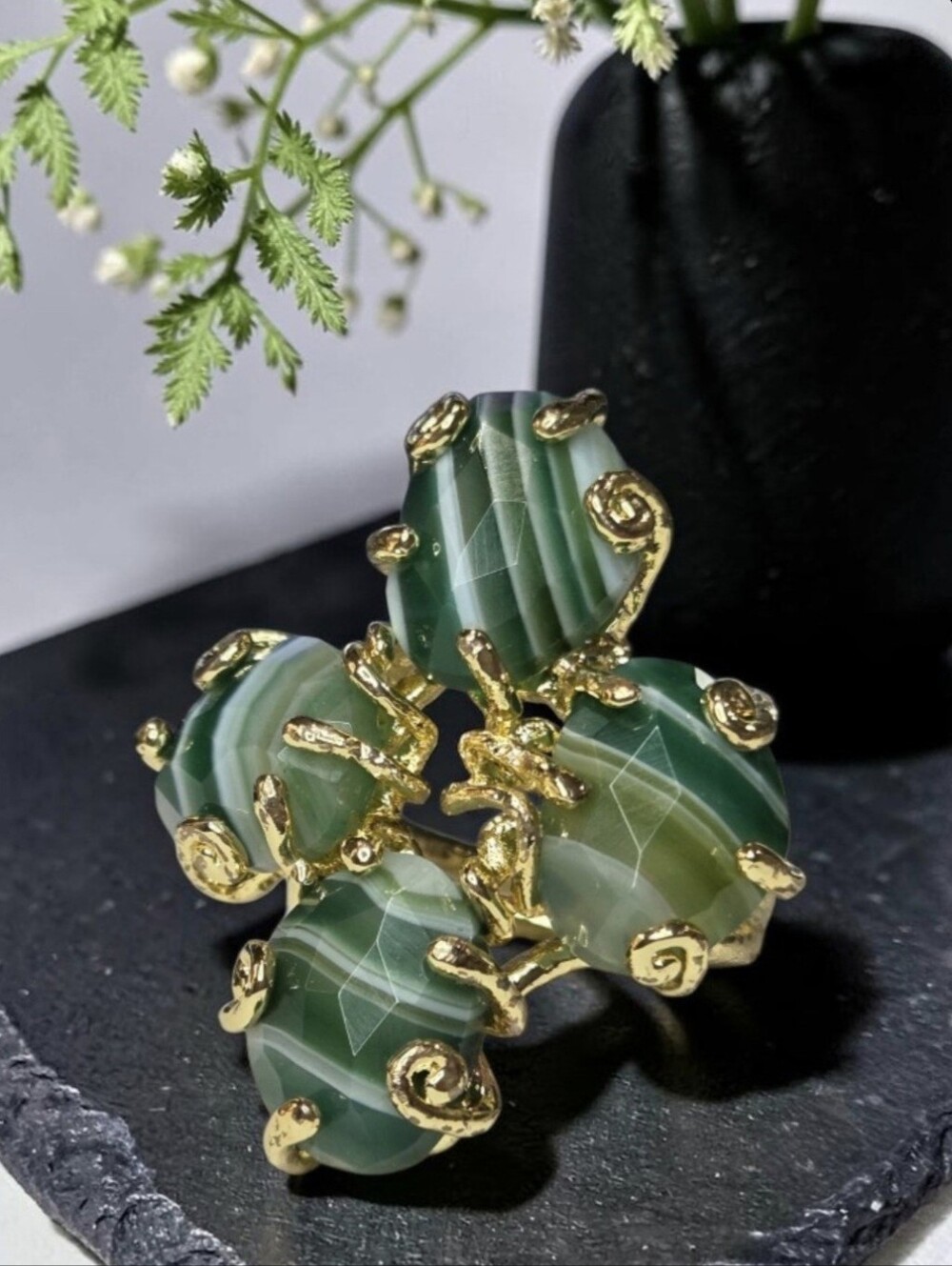 18k Gold Plated Emerald Agate Stone Etruscan Swirl Prong Set Statement Ring